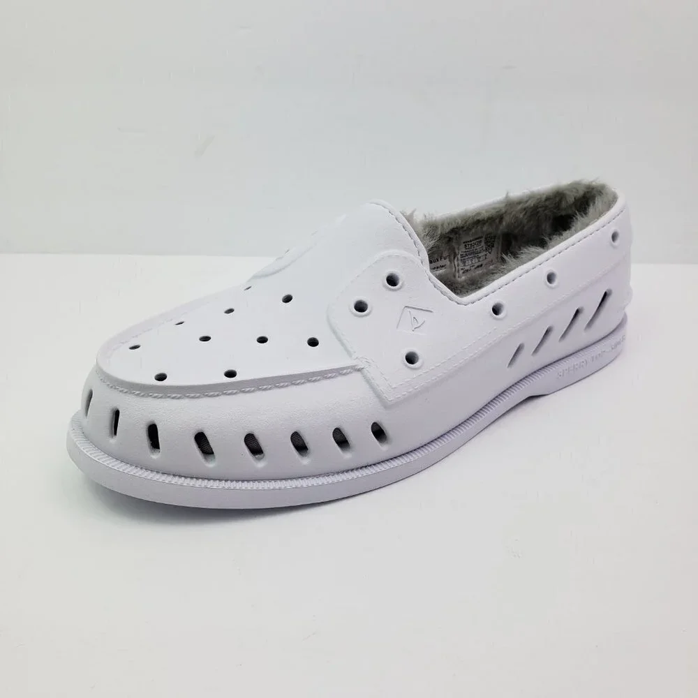 NEW Sperry A/O Float Cozy Mens Size 10 White Slip On Faux Fur Inside Boat Shoes